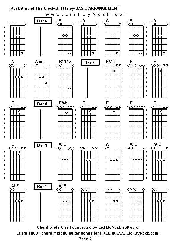 Chord Grids Chart of chord melody fingerstyle guitar song-Rock Around The Clock-Bill Haley-BASIC ARRANGEMENT,generated by LickByNeck software.